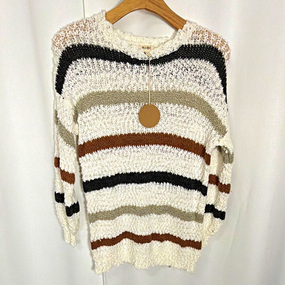 NWT BiBi Women’s S Striped Textured Knit Pullover Sweater Crew Neck Long Sleeve